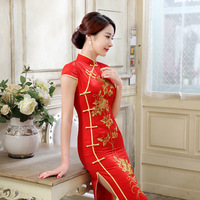 Nouvel an chinois grande taille femme rouge Sequin broderie Cheongsam Qipao longue robe de mariée avec tissu en mousseline de soie lavable