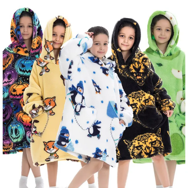 2023 New Kids Lovely Comfy Fleece Pullover Blanket Print Pink Soft Fluffy Baby Hoodie Blanket