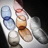 Verre à vin à pied court, verre à eau à pied, texture ondulée, rayures verticales nervurées, couleur bleu océan