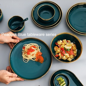Platos DE BODA personalizados verde pavo real, juego de vajilla de cerámica de porcelana hecha <span class=keywords><strong>a</strong></span> <span class=keywords><strong>mano</strong></span>, vajilla - Product Image 4