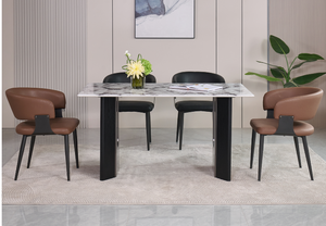 Ensemble de table à manger rectangulaire moderne avec plateau en pierre et pieds en métal, 6 places, design mid-century, meubles de salle à manger stables - Product Image 2