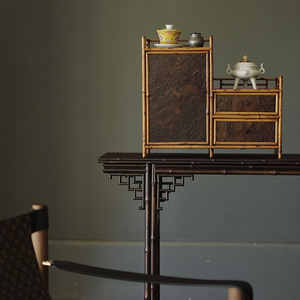 Meuble à thé en bambou Meilu, étagère de rangement style roche, rétro zen, présentoir à thé haut et bas, pour entrée - Product Image 4