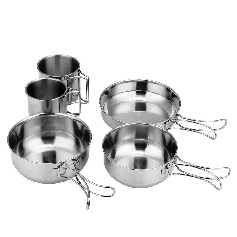 304 Stainless Steel Backpacking Camping Cookware Hiking Picnic 5pcs Portable Cooking Mess Kit Pan Cup Set with Folding Handle