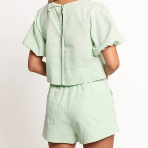 New Arrival Linen Set Red Casual Daily Linen <b>Top</b> for Ladies Casual <b>Bubble</b> Sleeve High Rise Linen Short Sets for Women - Product Image 3