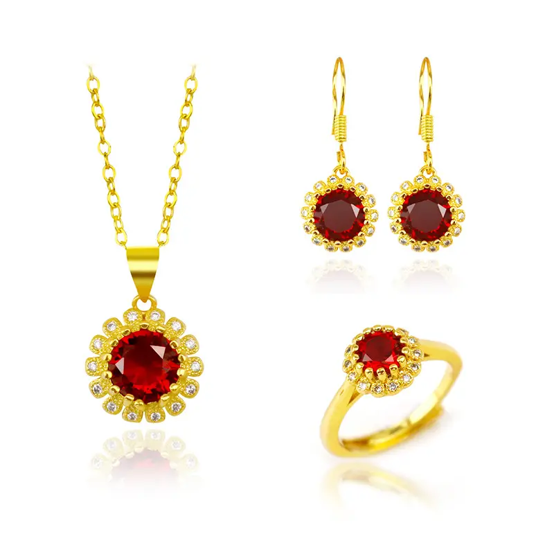 Daisy Sunflower Gemstone Jewelry Set para mujer 24K chapado en oro Ruby Diamond Pendientes Collar Anillo