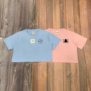 180GSM <span class=keywords><strong>haut</strong></span> court coupe ample tenue décontracté fille chaude T-shirt à manches courtes logo personnalisé broderie col rond sport hauts courts pour femmes - Product Image 4