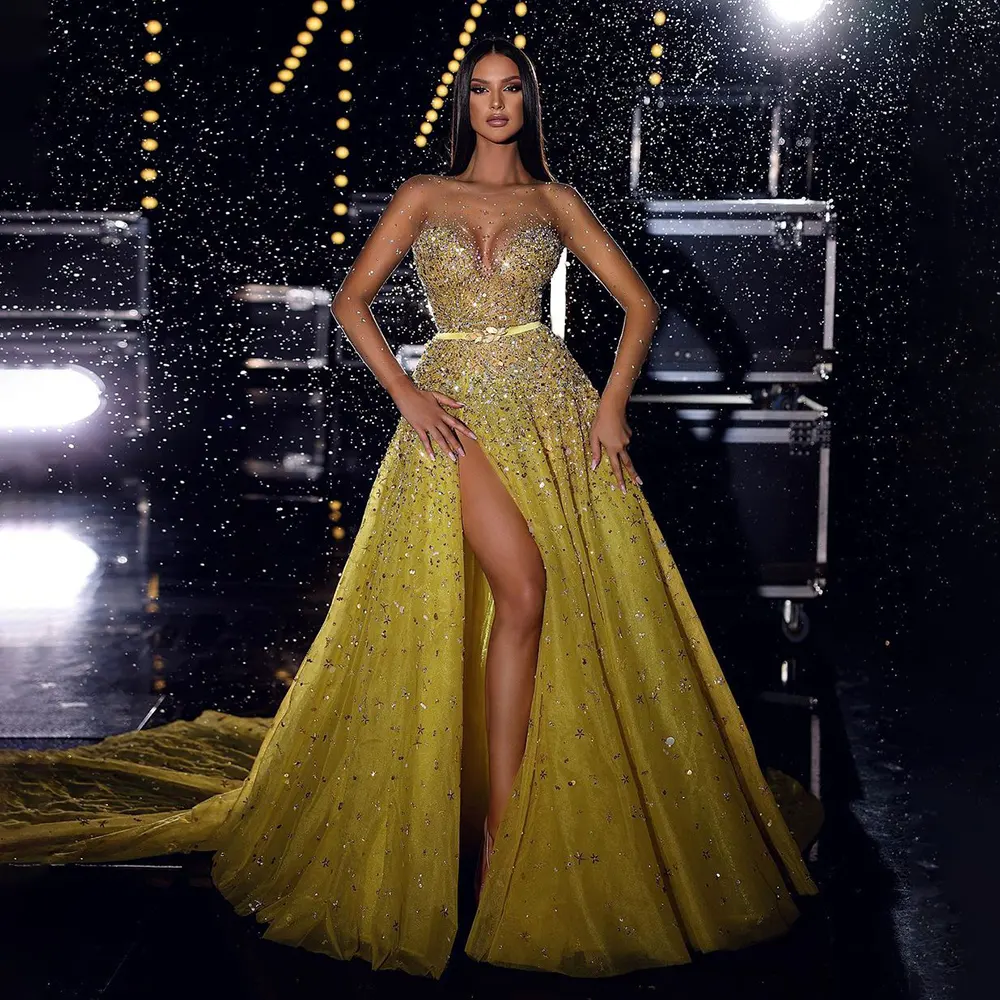 Dubai Yellow Sleeveless Sexy High Split Evening Dresses 2023 Serene Hill LA71916 Luxury Beaded Long Party Gowns