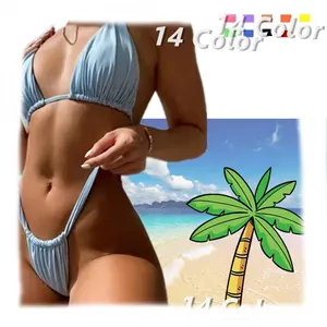 Fashion Classic Pleated Adjustable Halter Bandage Sexy 14 Color Mini Bikini 2 Piece Short Set Women Swim Suit