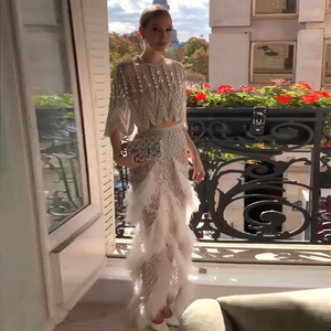 Scz057 di lusso Dubai bianco piume due pezzi abiti da sera per le donne <span class=keywords><strong>matrimonio</strong></span> con perline abiti da ballo corti - Product Image 6