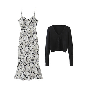 Ensemble robe nuisette en mousseline de soie pour femme Happy Plus avec cardigan à motif abstrait, col en V, taille plus N8794 - Product Image 3