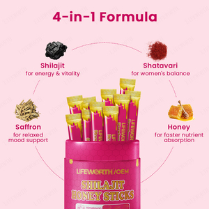 Lifeworth Fórmula 4 en 1 Azafrán Shilajit Shatavari <span class=keywords><strong>Miel</strong></span> Energiza Equilibra 30 Palitos <span class=keywords><strong>de</strong></span> <span class=keywords><strong>Miel</strong></span> Suplemento Dietético para Mujeres - Product Image 4