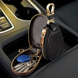 Porte-clés en cuir PU noir avec fermeture éclair, portefeuille portable pour clés pour un usage quotidien - Product Image 2