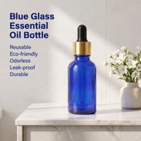 Bouteilles d'huile essentielle en verre ambré cylindriques bleues brillantes avec bouchon à vis en aluminium doré et compte-gouttes, sérum de haute qualité 10ml 30ml 50ml 100ml
