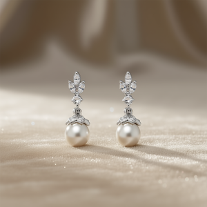 Orecchini pendenti in oro bianco E3597 con perla imitazione e diamante taglio marquise per matrimonio, gioielli da donna alla moda - Product Image 2