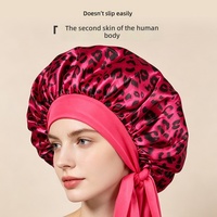 Topi Tidur Satin Motif Leopard Tahan Air Hangat Model Panjang dengan Pita Elastis Lebar untuk Wanita