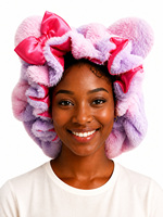 Bonnet de nuit en polaire doux avec petit nœud sur l'oreille gauche, doublure en satin, sangle élastique réglable, 35 cm, bonnet à cheveux double couche pour femme