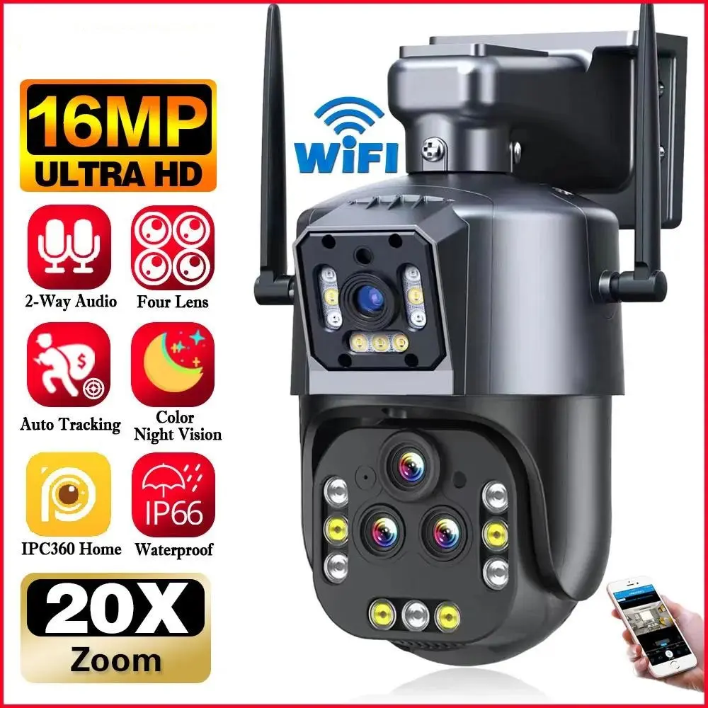IPC360 nhà 16MP 8K Wifi PTZ Camera IP giám sát an ninh bốn ống kính máy ảnh 20x Zoom ai tự động theo dõi Video CCTV Camera