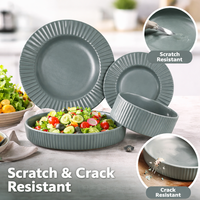 Service de table GuangDa de luxe vert sauge mat côtelé en grès texturé, 16 pièces, assiettes et bols nordiques, compatible lave-vaisselle et four