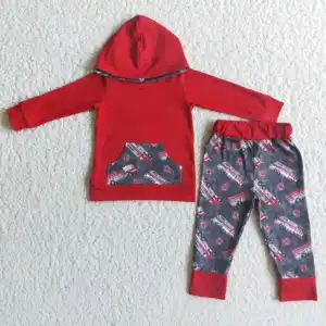 Красный топ с длинным рукавом и карманами, длинные штаны с принтом на автобусе, комплект толстовки для мальчиков, комплект зимней одежды для мальчиков, детская одежда из бутика
