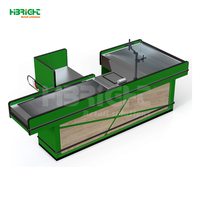 Highbright HBE-CC Customizable Color Durable Supermarket Checkout Counter with Conveyor Belt 2 Compartments Multiple Platforms