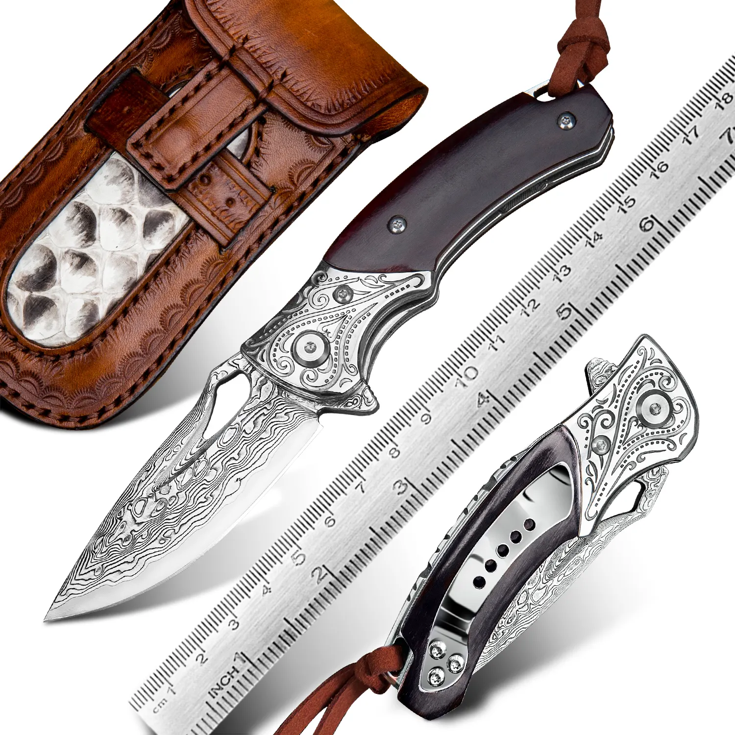 Handmade Outdoor Survival Hunting Camping Clip EDC Pocket Knives with Sheath Tactical Damascus Steel Folding Knife
