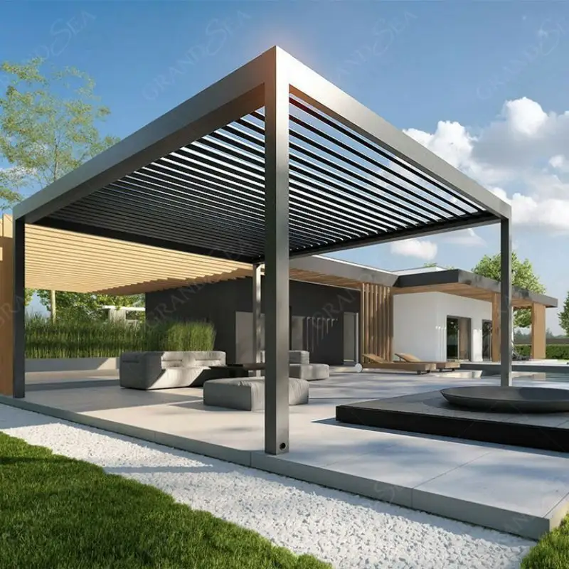 Penutup dek atas teras eksterior bioclismatic pelindung matahari louvered aluminium kanopi luar pintu gazebo pergola