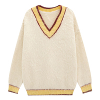 Femmes à la mode Varsity rayé col en V pull collège décontracté à manches longues pull tricoté pull haut ample Preppy floue armure