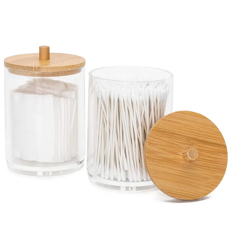 Almofada de algodão acrílico, maquiagem transparente, suporte redondo, jarra de algodão, porta cotonete com tampa de bambu
