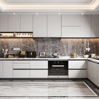 Ensemble de meubles de cuisine modulaires de style européen moderne avec plan de travail en marbre, évier, robinet, charnières à fermeture douce, armoire en PVC en forme de L