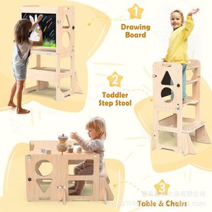 Solid Wood <b>Toddler</b> Kitchen <b>Step</b> <b>Stool</b> With Blackboard Foldable Learning Tower 43x32x88cm Pine Material For Kids - Product Image 2