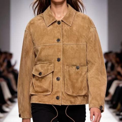 0012 Dressing in a Casual and Elegant Style Beige Retro Spliced Reverse Suede Leather Fabric Sheepskin Outerwear Leather Coat