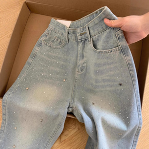 PEEQI A2515 Nouveau design Meilleure vente Jeans droits pour femmes Strass Pantalons en denim amincissants Mode Grande <span class=keywords><strong>taille</strong></span> Jeans à jambes larges - Product Image 2