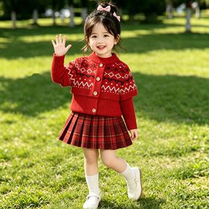Ensemble de pulls pour enfants, châle, <span class=keywords><strong>cardigan</strong></span> tricoté, automne-hiver, nouveau <span class=keywords><strong>style</strong></span>, jupe à carreaux <span class=keywords><strong>style</strong></span> occidental pour bébé fille, <span class=keywords><strong>style</strong></span> coréen - Product Image 2