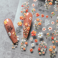 Autocollant 5D en relief pour ongles, motif floral rose, violet, orange, fleur de printemps, autocollant pour ongles, décalcomanie manucure cœur d'amour Saint-Valentin