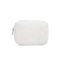Pochette de maquillage verticale en velours côtelé pastel, durable et écologique, avec fermeture éclair dorée de qualité supérieure, insert compact pour trousse de beauté