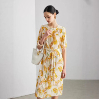 Robe florale luxueuse 100 % soie de mûrier pour femme, élégante, vintage, col rond, manches courtes, en crêpe de Chine, longueur midi, été 2026