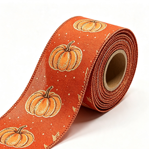 Precio de fábrica: Rollo de cinta de arpillera sintética fina de 2 1/2 pulgadas con alambre, estampado con purpurina, resistente al encogimiento, 10 yardas, diseño Calabaza de Cosecha - Product Image 3