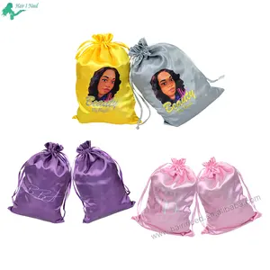 small MOQ custom logo color printing satin hair bag for wig and hair extension