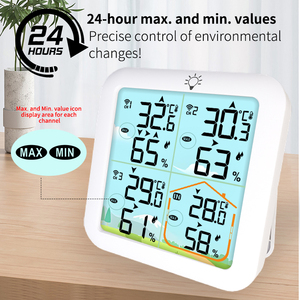 Nhà ba kênh Trạm thời tiết Nhiệt kế ẩm kế với đèn nền báo động <span class=keywords><strong>LCD</strong></span> hiển thị pin Powered ABS nhựa - Product Image 6