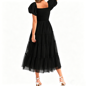 Vestido Midi <span class=keywords><strong>de</strong></span> Tul Fruncido para Mujer, Verano 2026, Manga Corta Abullonada, Cuello Cuadrado, con Volantes, para Invitadas <span class=keywords><strong>de</strong></span> <span class=keywords><strong>Boda</strong></span> y Fiestas - Product Image 4