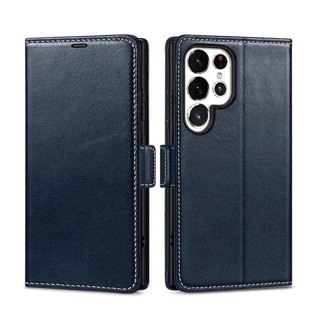 Genuine Leather Wallet Folio Case for Galaxy S24 Ultra 5G RFID Blocking Card Holder Kickstand Shock Absorbing Protection Cover