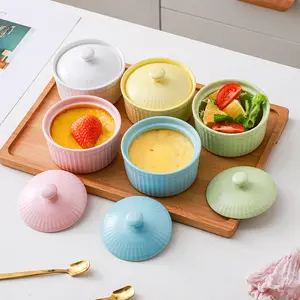 Cuenco de cerámica personalizado para hornear souffle con tapa, postre, pudín, pastel, horno, microondas, huevo, taza de vapor, fruta, yogur, comida para bebés, vajilla