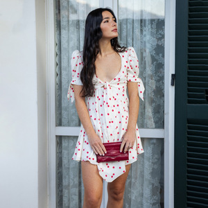 Robe à manches courtes pour femmes à pois, col en V profond, avec lien à nouer, respirante, décontractée, pour tous les jours - Product Image 4