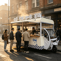 Remorque de vente de limonade en acier inoxydable bleu à motif quadrillé, design unique et charmant, résistante à la rouille, idéale pour les trajets urbains et la vente de snacks/aliments.