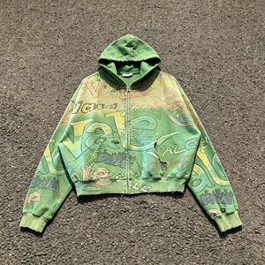 Felpa con Zip Vintage da Uomo, Stampa Graffiti Integrale, Verde, Orlo Strappato, Giacca Streetwear con Borchie - Product Image 3