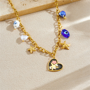 Collar de estrella de mar chapado en oro de estilo americano europeo colgante de elementos pequeños <span class=keywords><strong>ojos</strong></span> azules amor flor pasta perla acero inoxidable - Product Image 3