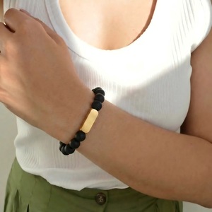 Black Frosted Stone <b>Beaded</b> <b>Bracelet</b> Set With Stainless Steel Bar Unisex Gift Jewelry - Product Image 3