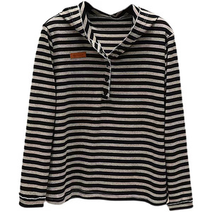 Striped Hooded Long Sleeve Shirt Women Knitted Breathable Autumn Plus Size Base Layer Top Half Button Outfit - Product Image 4