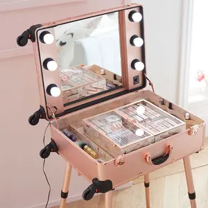 Fashion Portable Cosmetic Trolley Case With LED And Mirror Rose Gold Travel Vanity Makeup Case With Wheel