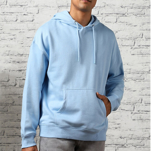 Felpa con cappuccio oversize da <span class=keywords><strong>uomo</strong></span> celeste-Pullover in misto cotone semplice con cappuccio coulisse e <span class=keywords><strong>abbigliamento</strong></span> con tasca anteriore - Product Image 2